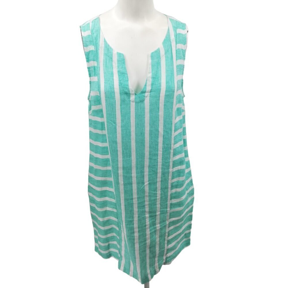 Sigrid Olsen 100% Linen Striped Shift Dress Size S Pockets Sleeveless Notch Neck